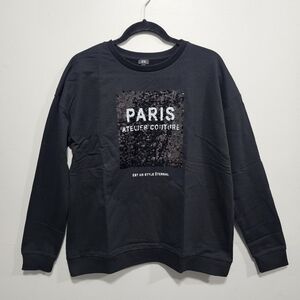 River Island‎ Paris sequined slogan sweatshirt in black Size Small